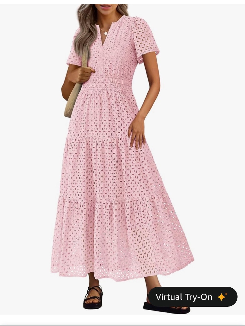 Smocked Waist Pink Eyelet Maxi Dress with Short Sleeves